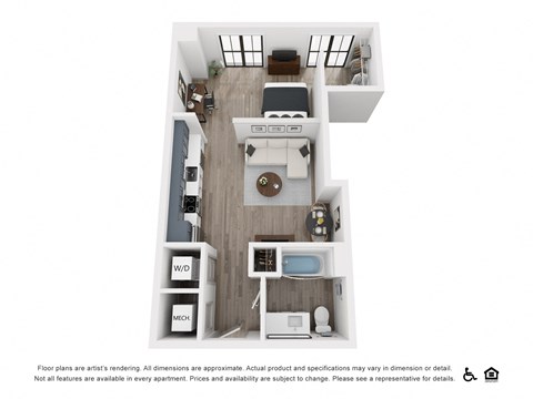 Floor plan for studio, 1 bath, 584 sqft